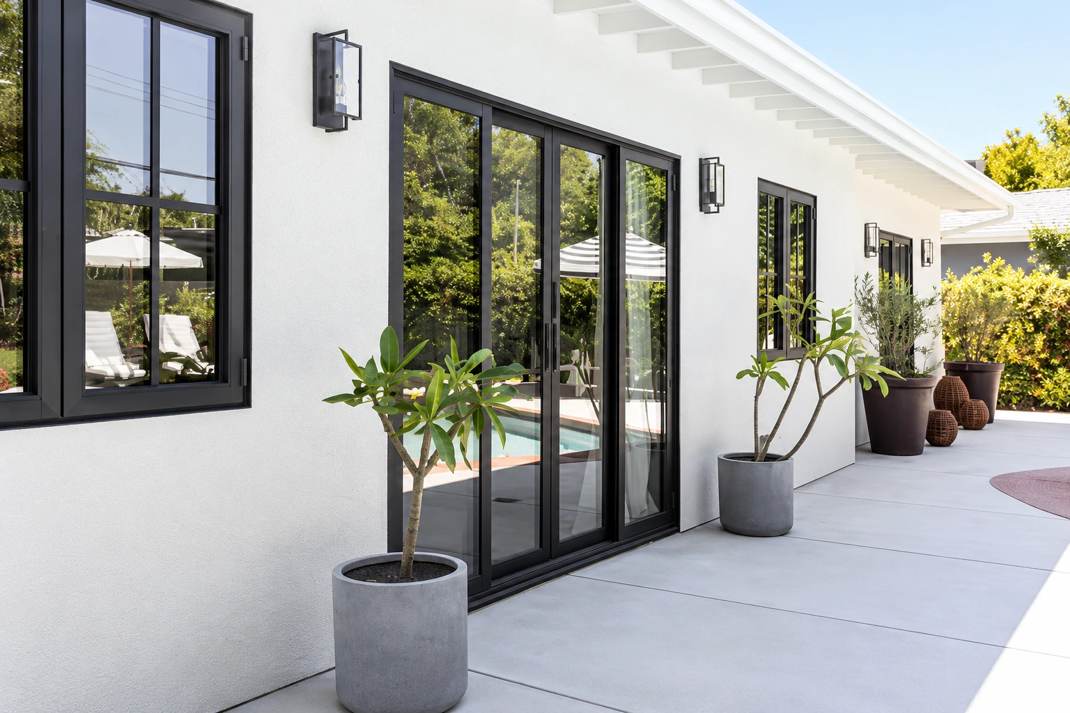 Home exterior with black windows and large glass doors